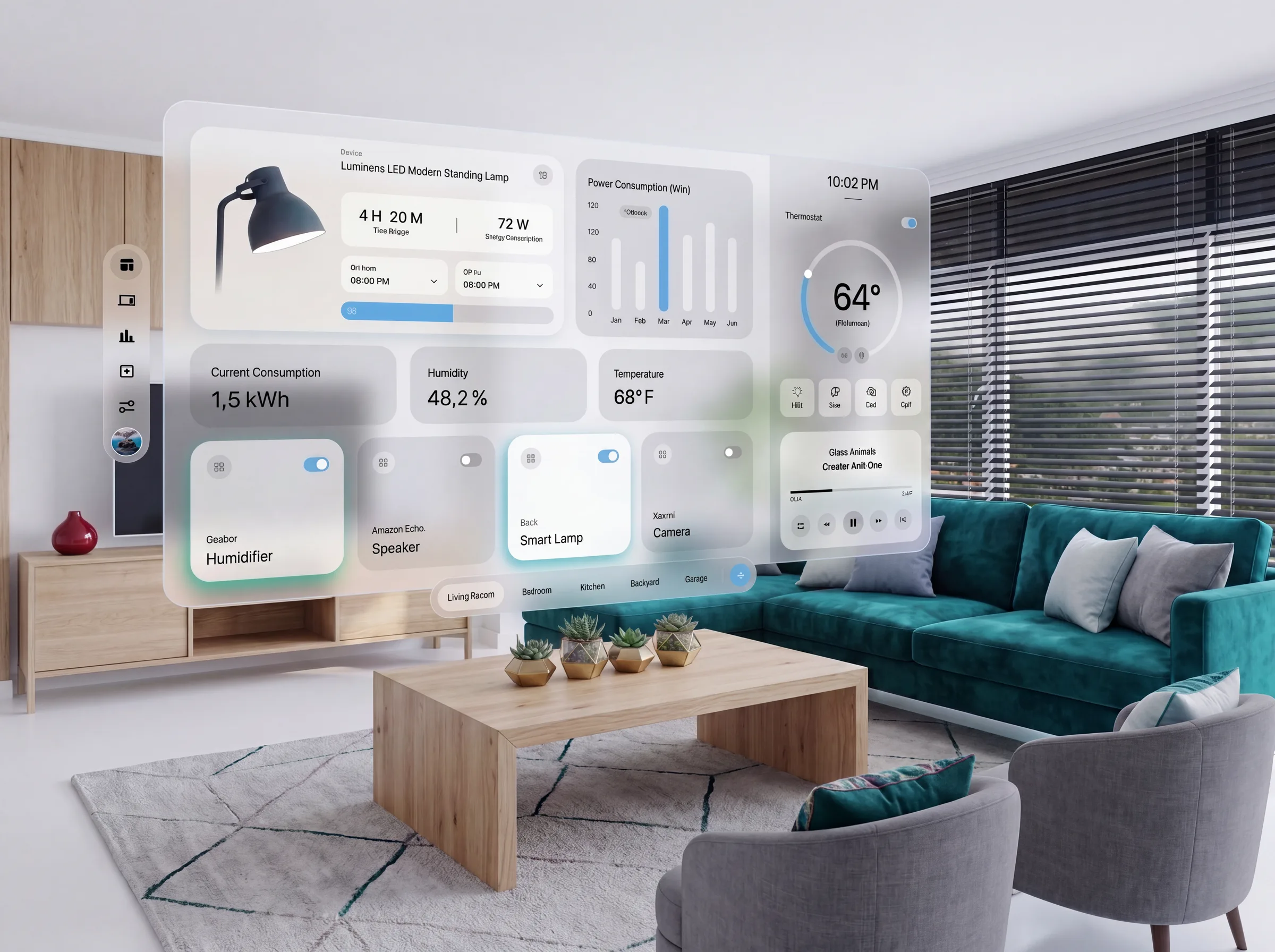 A sunlit living room with smart home overlays.